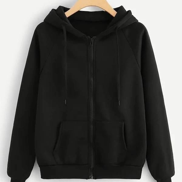 Black Plain Fleece Full Sleeves Zipper Hoodie For Women