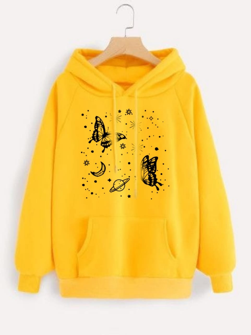 Yellow Butterfly & Galaxy Fleece Full Sleeves Pull Over Hoodie For Women