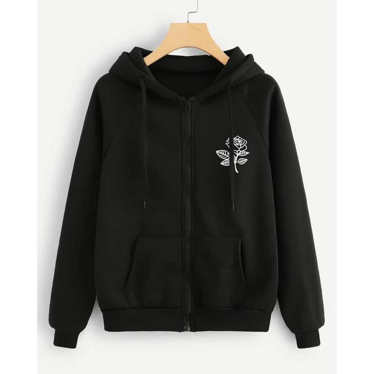 Black Rose Fleece Full Sleeves Zipper Hoodie For Women