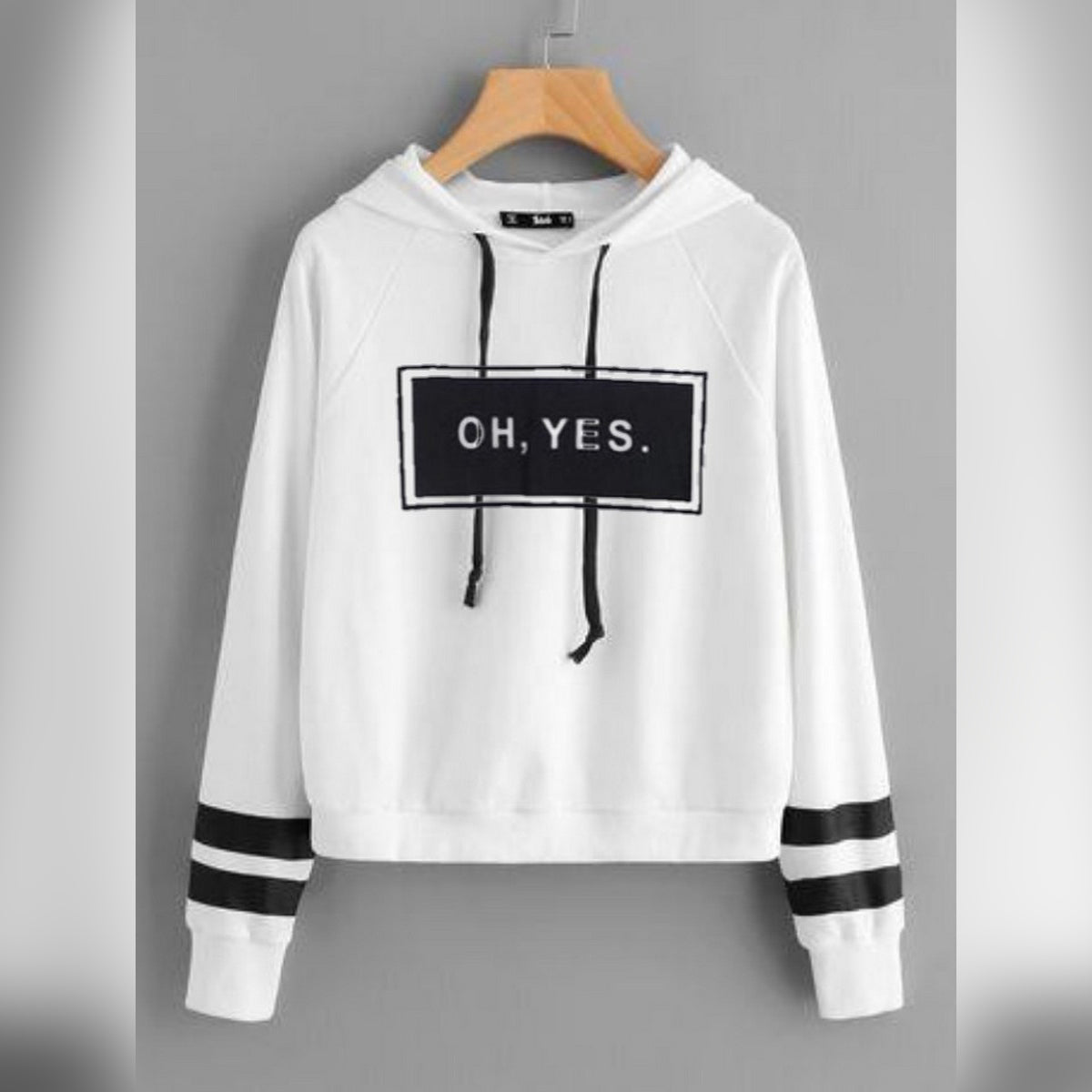 White Oh Yes Fleece Full Sleeves Pull Over Hoodie For Women