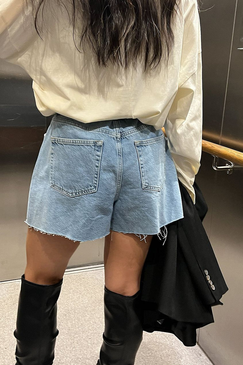 Raw Hem Vintage Look Denim Shorts LightBlue - Side View - AceCart